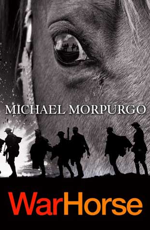 Book cover showing close up of left eye and face of a horse, overlaid with silhouette of soldiers.
